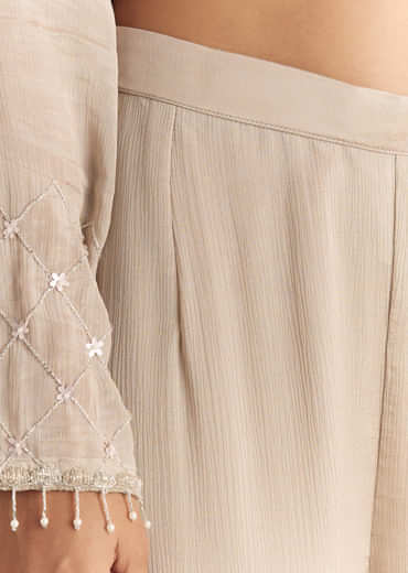 Light Beige Chinon Kurta Palazzo With Scallop Cutdana Dupatta