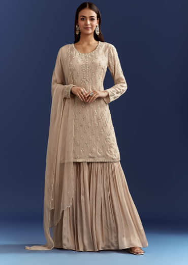 Light Beige Moti And Cutdana Kurta Dupatta With Moti Butti Sharara