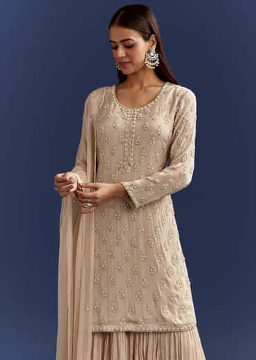 Light Beige Moti And Cutdana Kurta Dupatta With Moti Butti Sharara