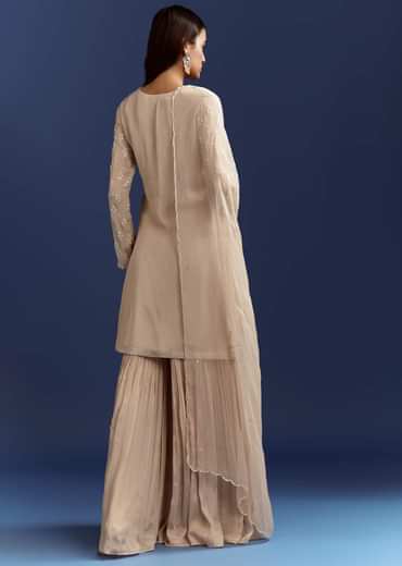 Light Beige Moti And Cutdana Kurta Dupatta With Moti Butti Sharara