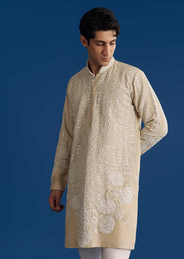Light Beige Silk Embroidered Kurta Set