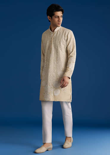 Light Beige Silk Embroidered Kurta Set