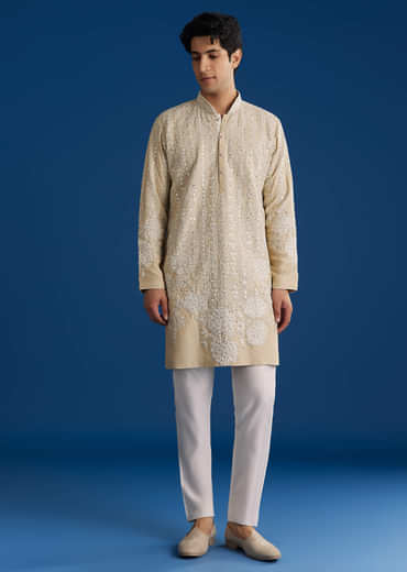 Light Beige Silk Embroidered Kurta Set