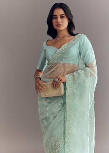 Light Blue Glass Tissue Saree With Stone Embroidery And Scallop Border