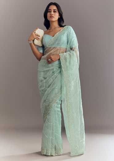 Light Blue Glass Tissue Saree With Stone Embroidery And Scallop Border