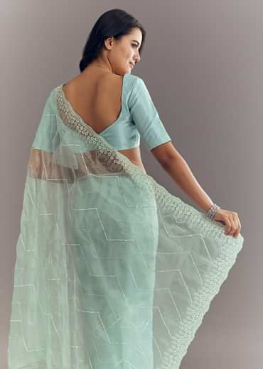 Light Blue Glass Tissue Saree With Stone Embroidery And Scallop Border