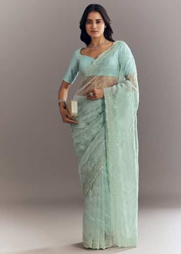 Light Blue Glass Tissue Saree With Stone Embroidery And Scallop Border