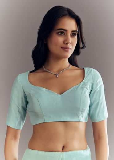 Light Blue Glass Tissue Saree With Stone Embroidery And Scallop Border