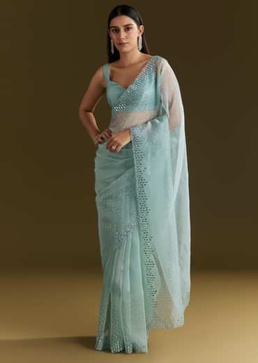 Light Blue Glossy Organza Saree With Scallop Border