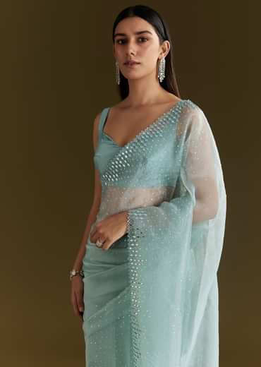 Light Blue Glossy Organza Saree With Scallop Border