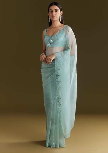 Light Blue Glossy Organza Saree With Scallop Border