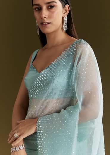 Light Blue Glossy Organza Saree With Scallop Border
