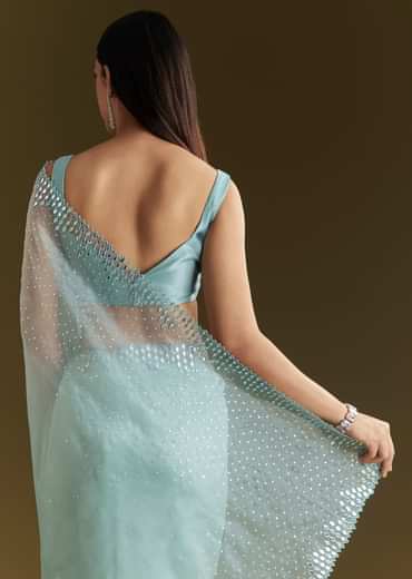 Light Blue Glossy Organza Saree With Scallop Border