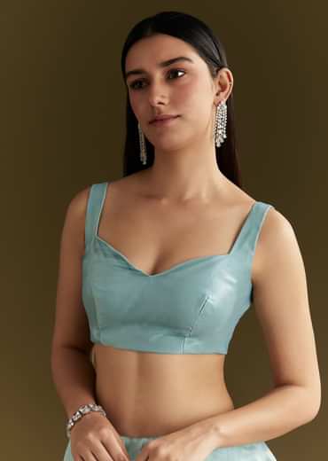 Light Blue Glossy Organza Saree With Scallop Border