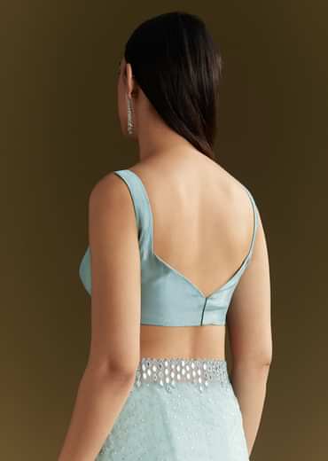 Light Blue Glossy Organza Saree With Scallop Border