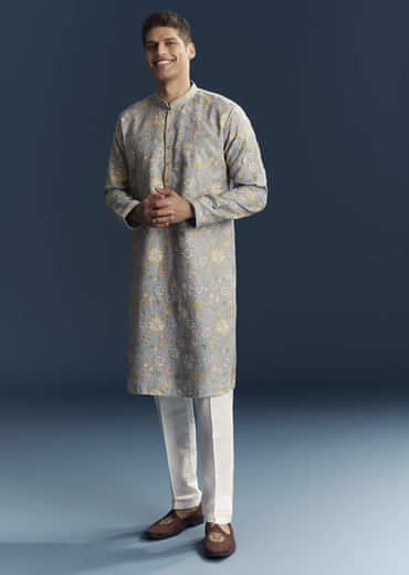 Light Blue Silk Kurta Set For Men With Thread Embroidery