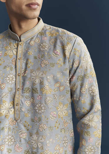 Light Blue Silk Kurta Set For Men With Thread Embroidery