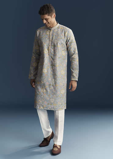 Light Blue Silk Kurta Set For Men With Thread Embroidery