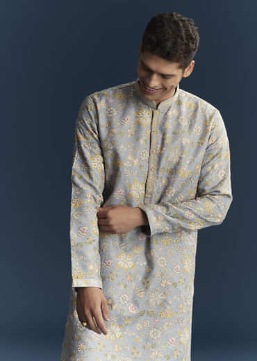 Light Blue Silk Kurta Set For Men With Thread Embroidery