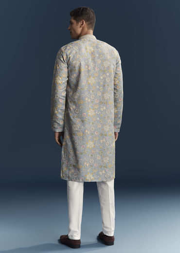 Light Blue Silk Kurta Set For Men With Thread Embroidery