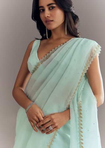 Light Blue Tissue Saree With Cutdana And Beads Embroidery And Cutwork Scallop Border