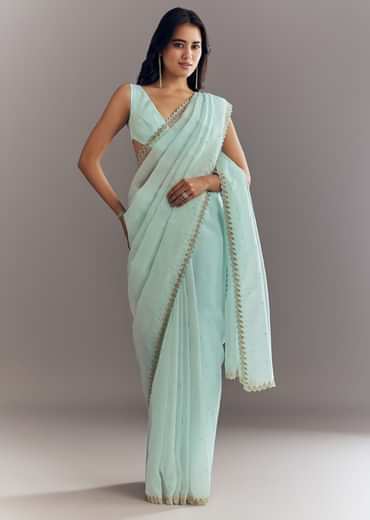 Light Blue Tissue Saree With Cutdana And Beads Embroidery And Cutwork Scallop Border