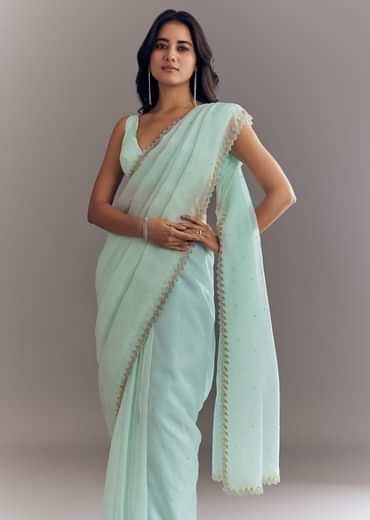 Light Blue Tissue Saree With Cutdana And Beads Embroidery And Cutwork Scallop Border