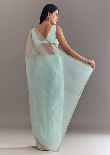 Light Blue Tissue Saree With Cutdana And Beads Embroidery And Cutwork Scallop Border