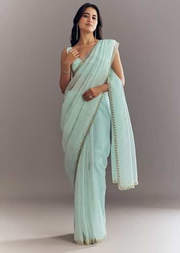 Light Blue Tissue Saree With Cutdana And Beads Embroidery And Cutwork Scallop Border