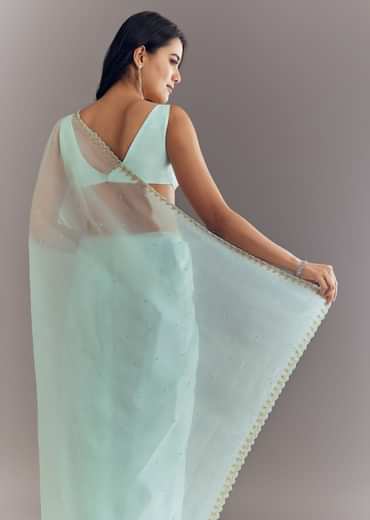 Light Blue Tissue Saree With Cutdana And Beads Embroidery And Cutwork Scallop Border