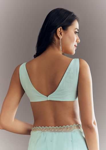 Light Blue Tissue Saree With Cutdana And Beads Embroidery And Cutwork Scallop Border