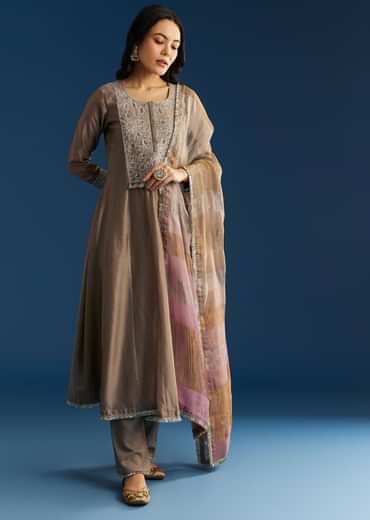 Light Brown Chanderi Anarkali With Gotta Lace And Crush Tissue Dupatta