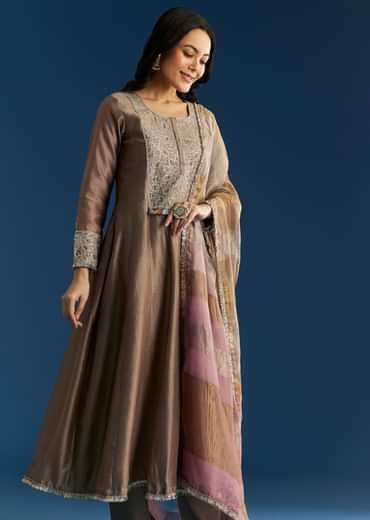 Light Brown Chanderi Anarkali With Gotta Lace And Crush Tissue Dupatta