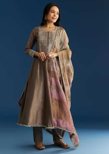 Light Brown Chanderi Anarkali With Gotta Lace And Crush Tissue Dupatta