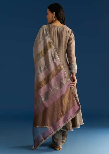 Light Brown Chanderi Anarkali With Gotta Lace And Crush Tissue Dupatta