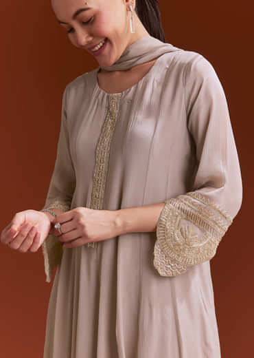 Light Brown Chinon Anarkali Suit With Moti And Zardosi Work