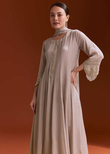 Light Brown Chinon Anarkali Suit With Moti And Zardosi Work