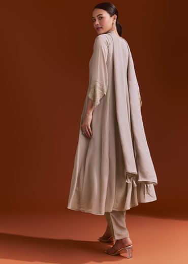 Light Brown Chinon Anarkali Suit With Moti And Zardosi Work