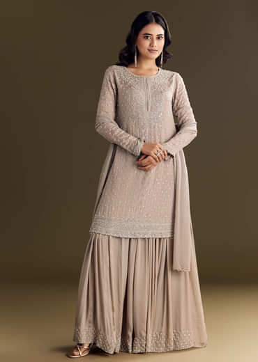 Light Brown Kurta Set With Sequins Palazzo And Dupatta