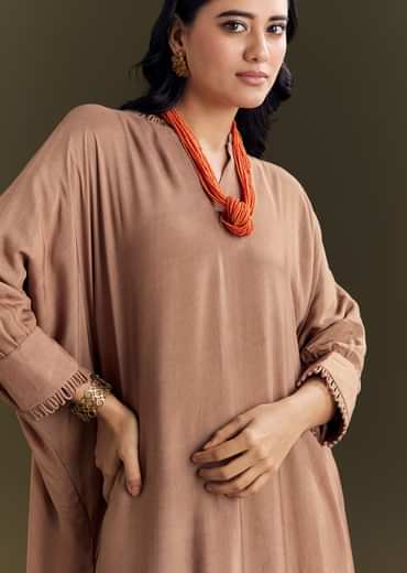 Light Brown Solid Kurta Pant Set With Orange Beaded Neckpiece
