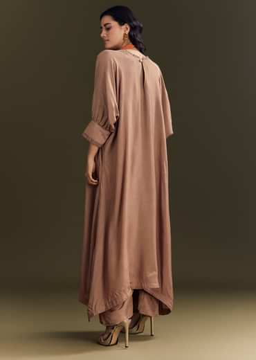 Light Brown Solid Kurta Pant Set With Orange Beaded Neckpiece