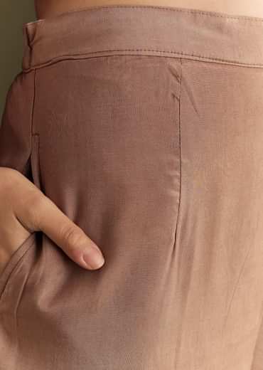 Light Brown Solid Kurta Pant Set With Orange Beaded Neckpiece