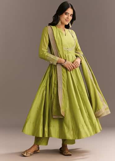 Light Green Chanderi Anarkali With Gotta Moti Neckline And Lace Dupatta