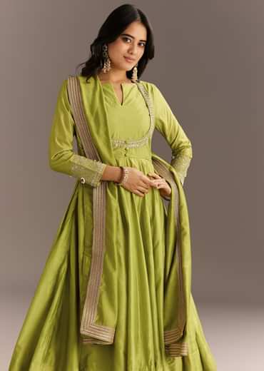 Light Green Chanderi Anarkali With Gotta Moti Neckline And Lace Dupatta