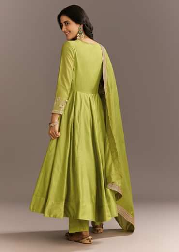 Light Green Chanderi Anarkali With Gotta Moti Neckline And Lace Dupatta