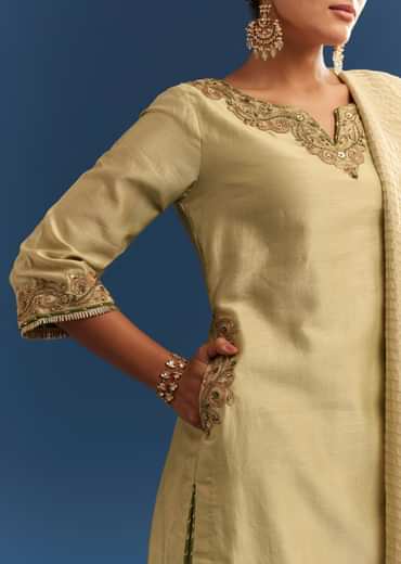 Light Green Chanderi Kurta Palazzo Set With Organza Dupatta
