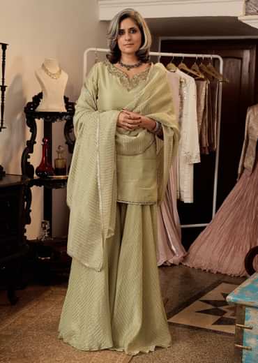Light Green Chanderi Kurta Palazzo Set With Organza Dupatta