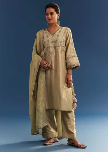 Light Green Chanderi Kurta Set With Organza Dupatta And Tassel Tie-Up Back