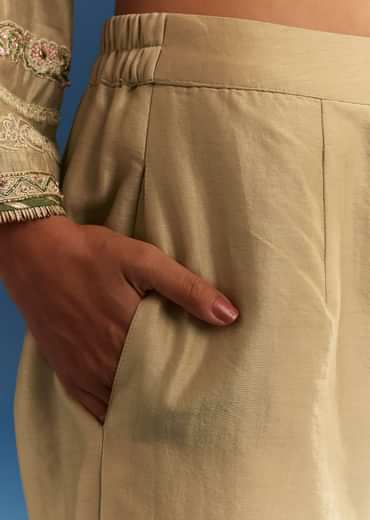 Light Green Chanderi Kurta Set With Organza Dupatta And Tassel Tie-Up Back