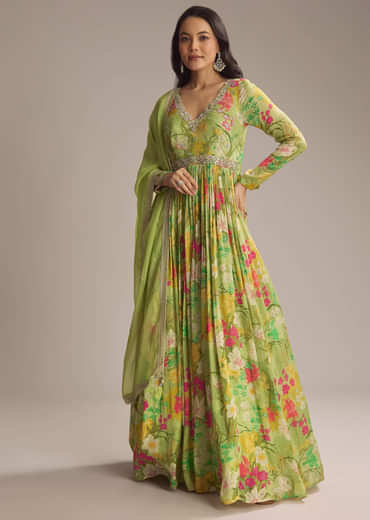 Light Green Chinon Anarkali Suit With Floral Print